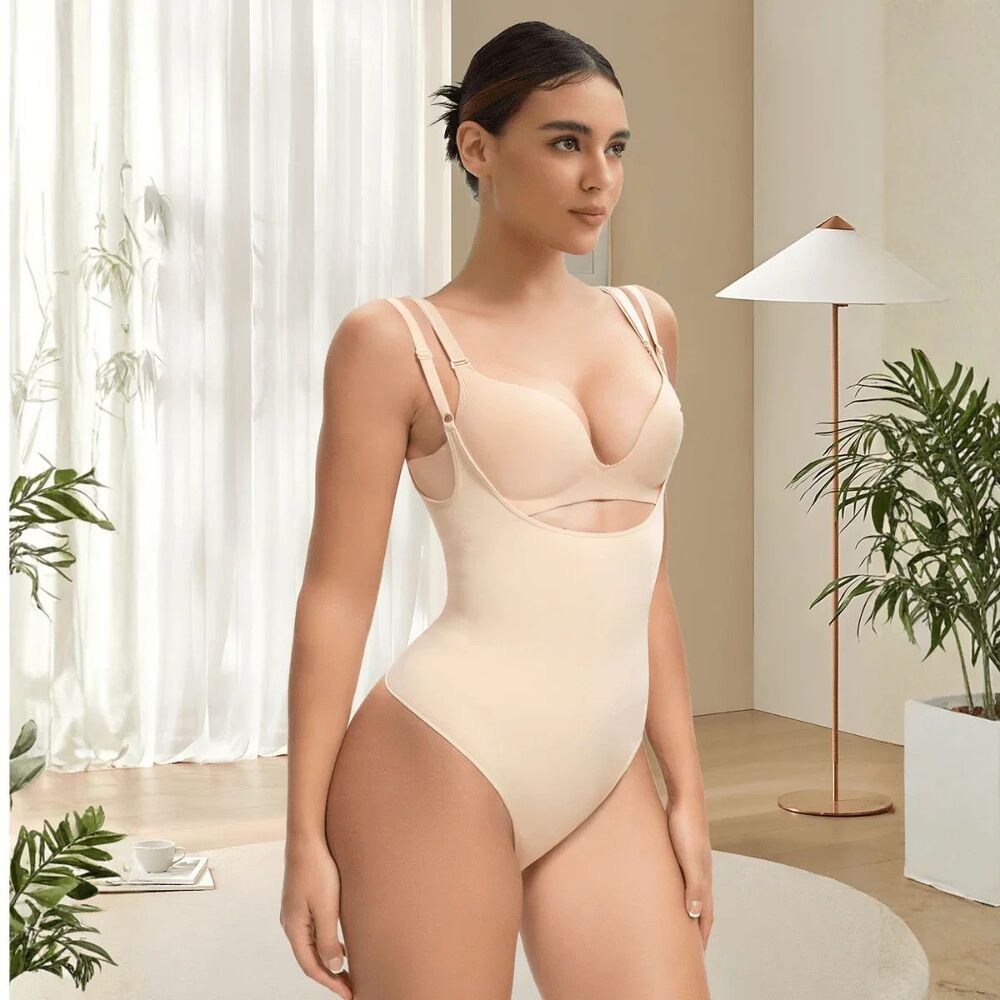 SHAPERX Seamless Open-Bust Tummy Control Thong Bodysuit Women's XS Beige $50